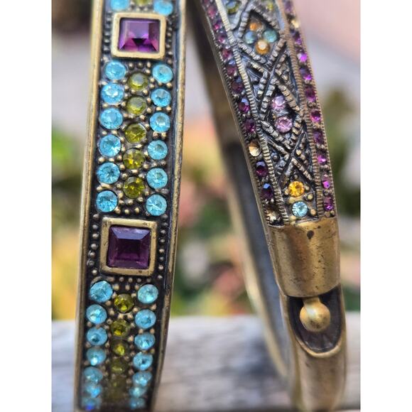 2 Heidi Daus Hinged Bronze Tone Multi Color Swarovski Crystal Bangle Bracelets - Picture 3 of 10